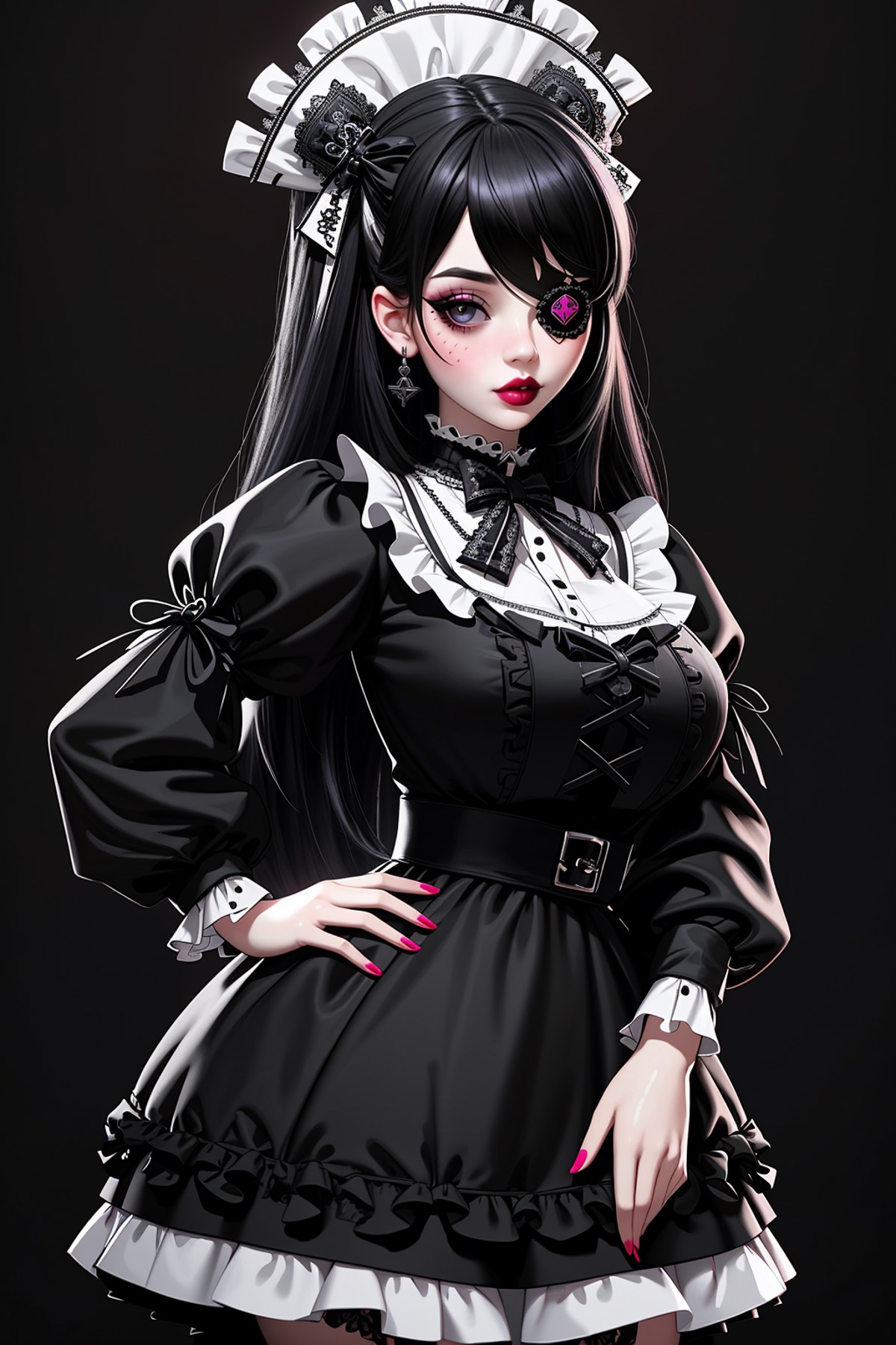 ((Masterpiece, best quality)), edgQuality,bimbo,glossy,(hands on hip)
GothGal, a woman in a black and white dress,ribbon,l...